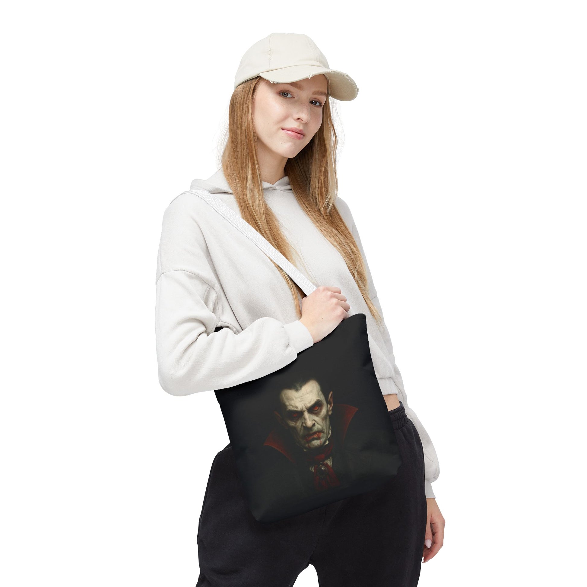 Black vampire tote bag with gothic spooky design, featuring vampire imagery, ideal for Halloween costume accessories.