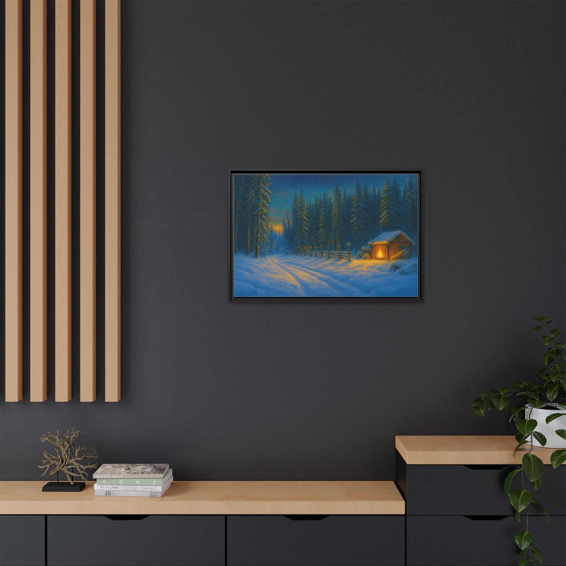 Cozy winter cabin canvas print by Printify featuring a snowy forest evening scene, matte framed wall art for winter decor.