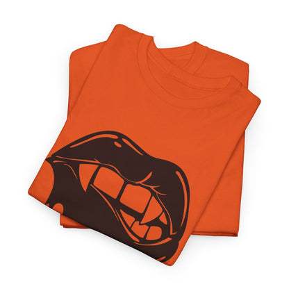 Graphic T-shirt featuring dripping lips with "hmm..." bite design, by Printify, showcasing a bold, artistic graphic print.