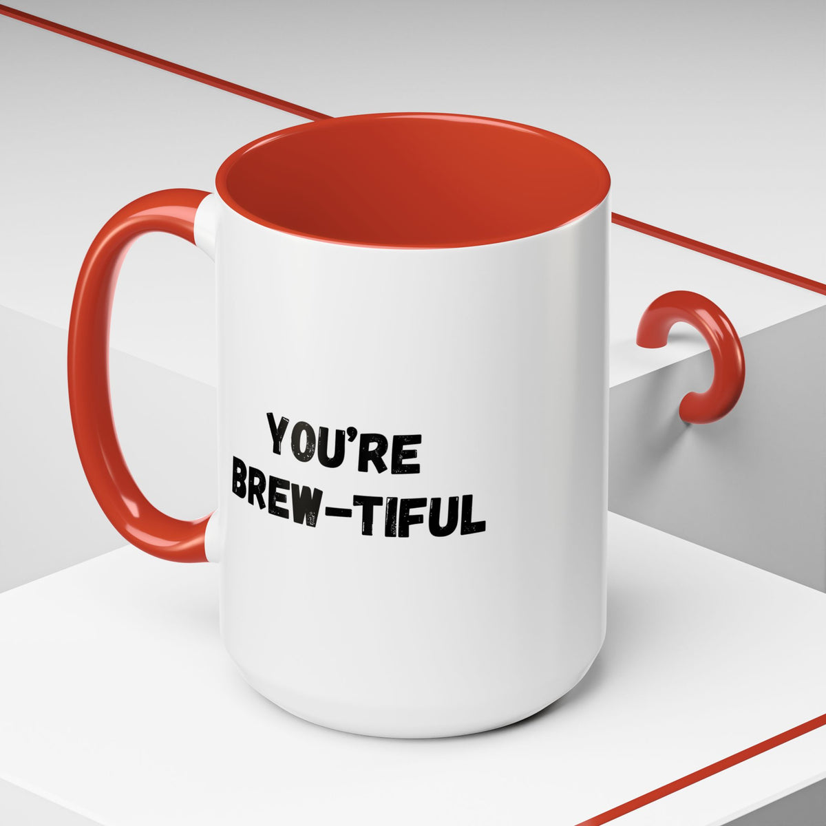 You’re Brew-tiful Coffee Mug – Cute Coffee Pun Accent Mug (11/15oz) — white ceramic accent mug with glossy finish and bold black “YOU’RE BREW-TIFUL” print, top-down view
