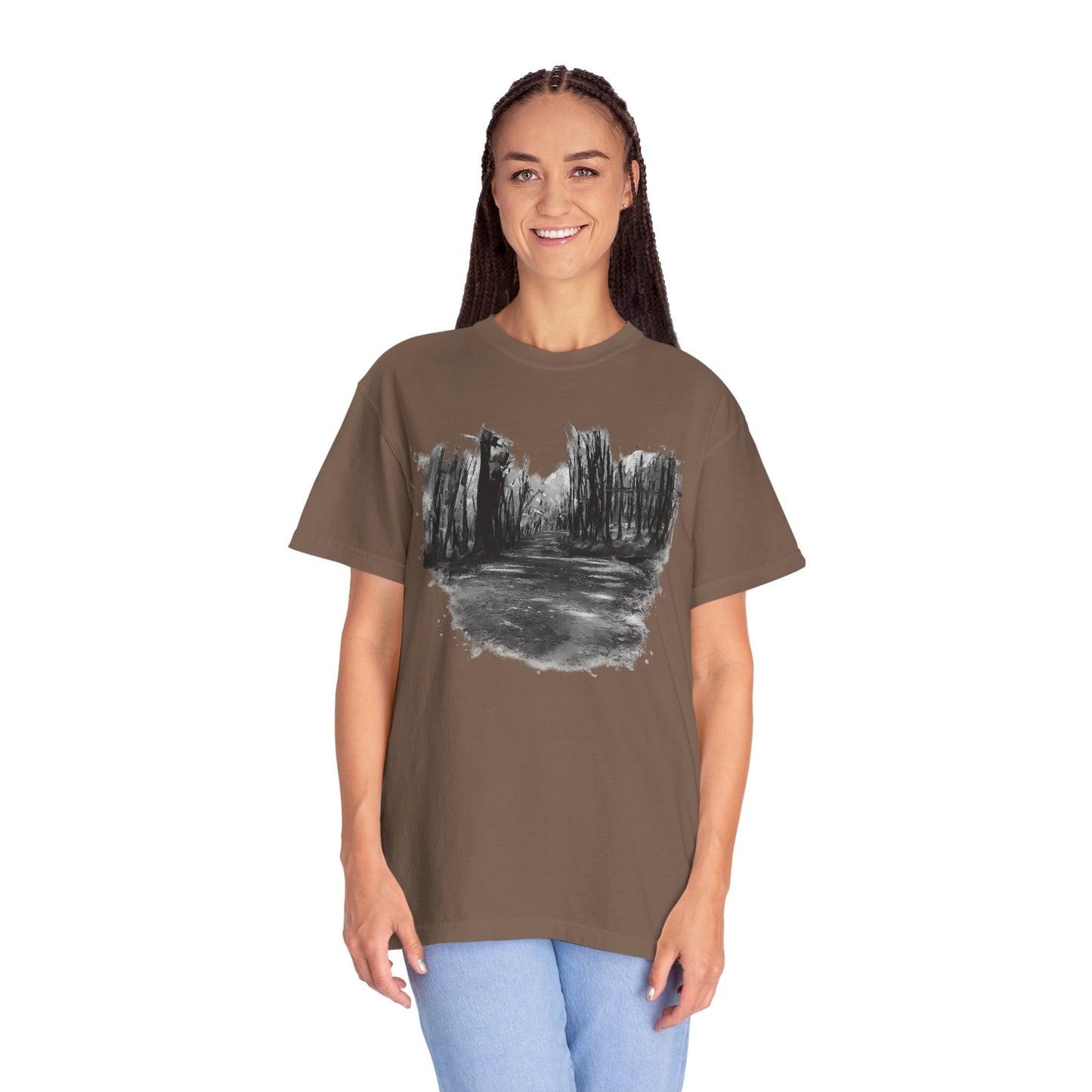 Artistic Forest Scene T-shirt | Nature Lover Gift, Outdoor Adventure Tee, Eco-Friendly Fashion, Vintage Inspired Clothing, Unisex Gift - TRV