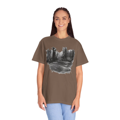 Artistic Forest Scene T-shirt | Nature Lover Gift, Outdoor Adventure Tee, Eco-Friendly Fashion, Vintage Inspired Clothing, Unisex Gift - TRV