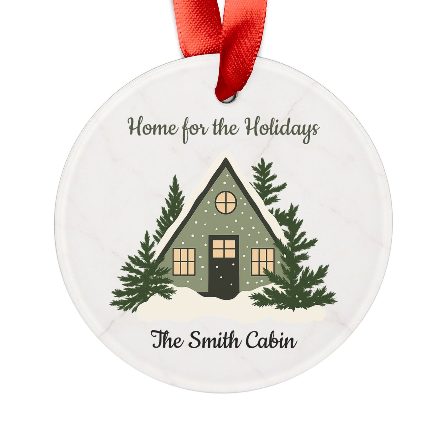 Acrylic "Home for the Holidays" cabin ornament with festive winter scene, ideal for holiday decorations and Christmas tree embellishments.