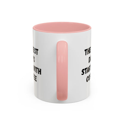 Ceramic coffee mug with "The Best Days Start With Coffee" quote, 11oz size, white with black lettering, by Printify.
