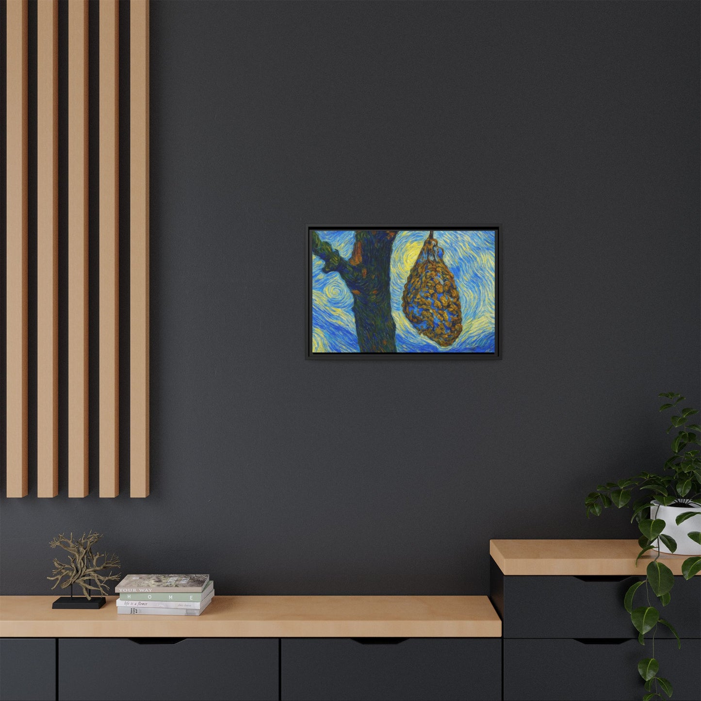 Framed matte canvas art featuring a starry nut cluster with dried plum in a tree, by Printify.