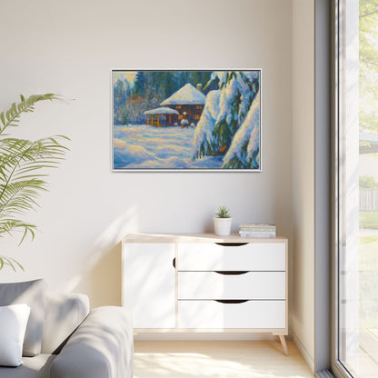Framed matte canvas of a snowy cabin in a winter landscape, wall art by Printify featuring a cozy winter scene.