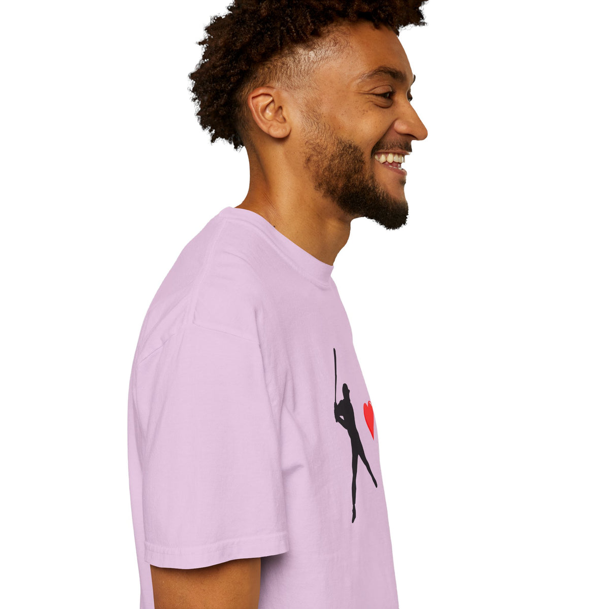 White baseball batter heart T-shirt by Printify featuring a graphic of a batter with a heart motif on the front.