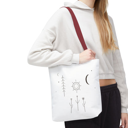 Minimal Moon and Sun botanical tote bag with celestial line art design by Printify, featuring nature-inspired artwork.