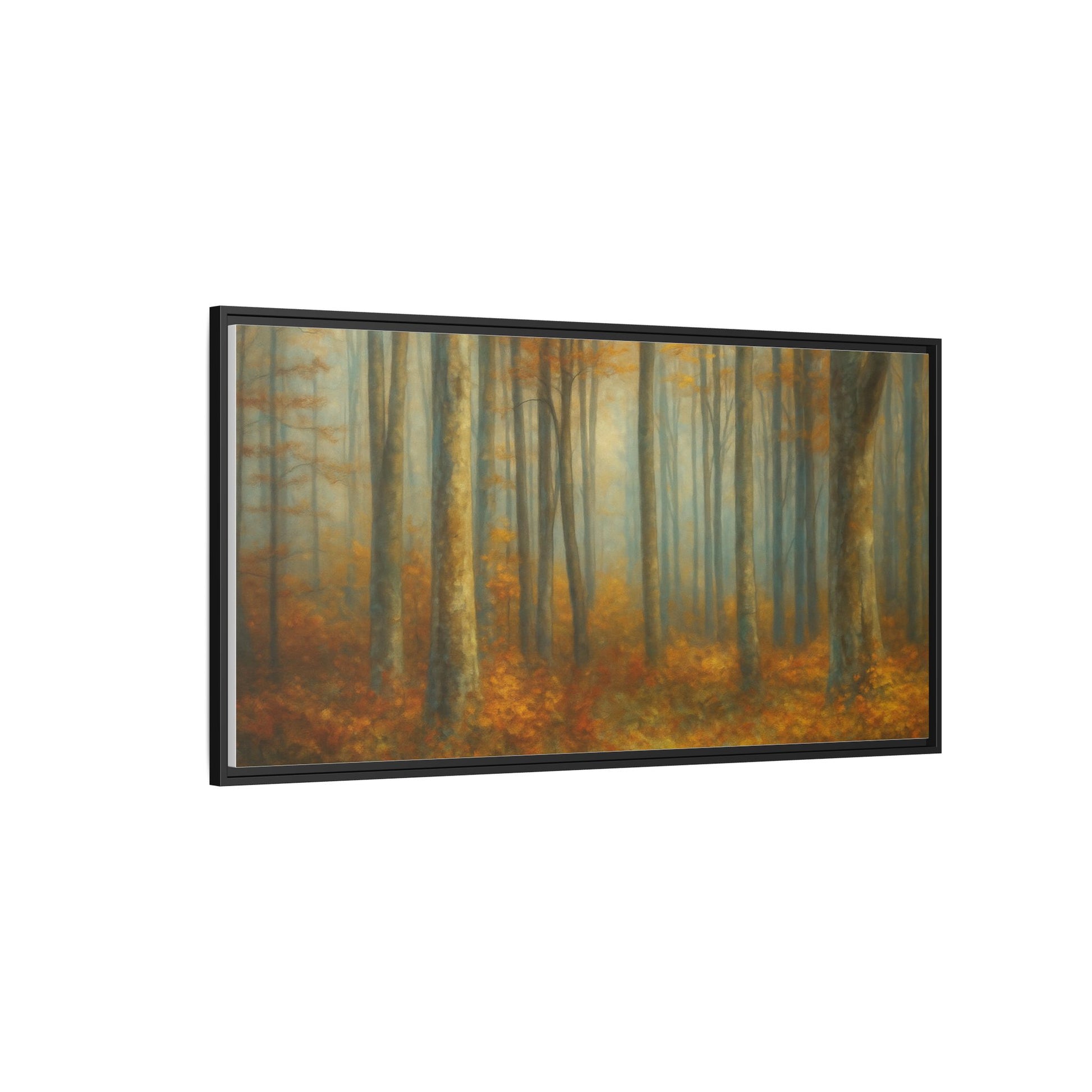 Framed autumn forest canvas print featuring a misty woodland scene, wall art by Printify, ideal for nature-inspired home decor