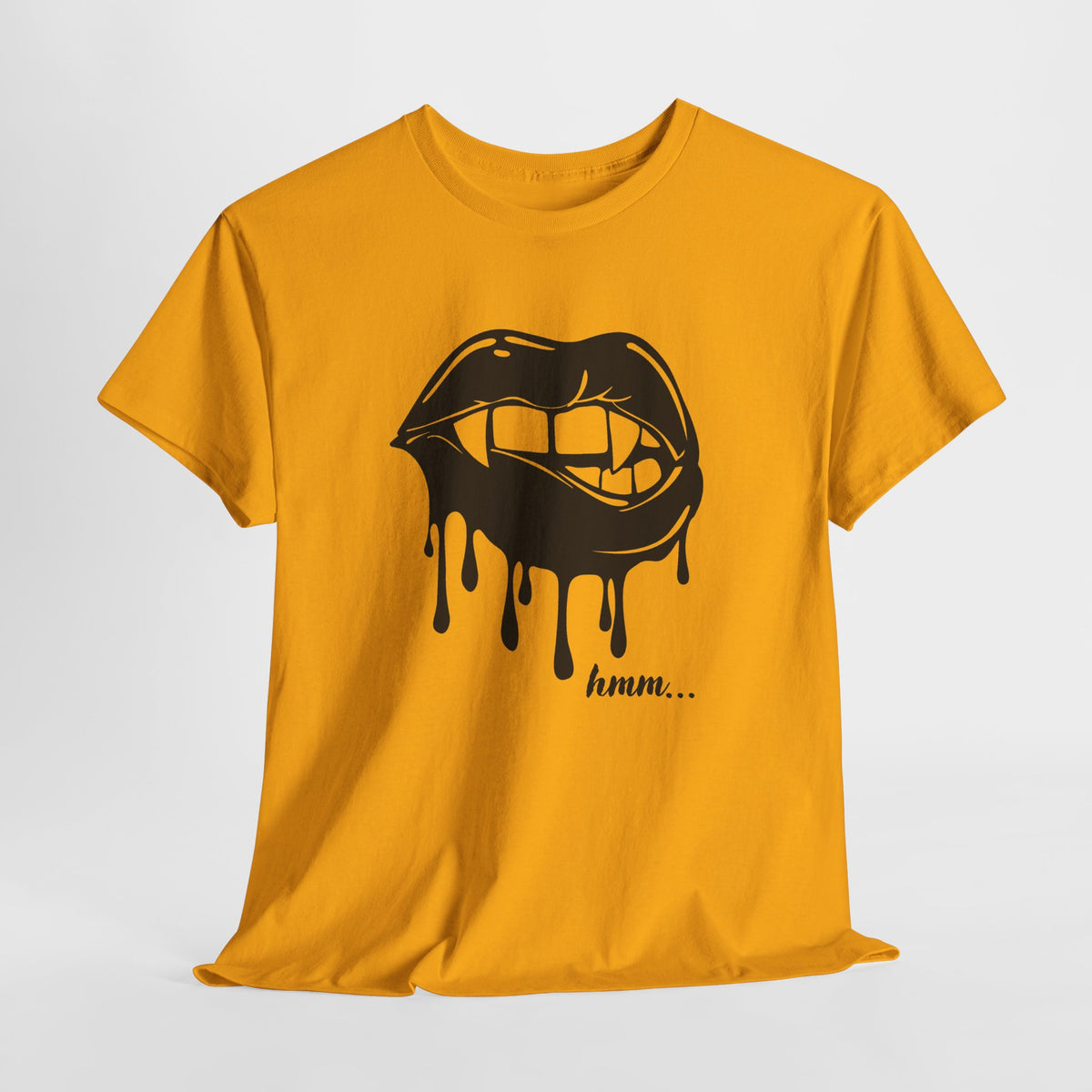 Graphic T-shirt by Printify featuring a dripping lips 'hmm...' bite design in black and white, casual streetwear style.