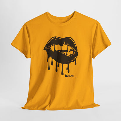 Graphic T-shirt by Printify featuring a dripping lips 'hmm...' bite design in black and white, casual streetwear style.