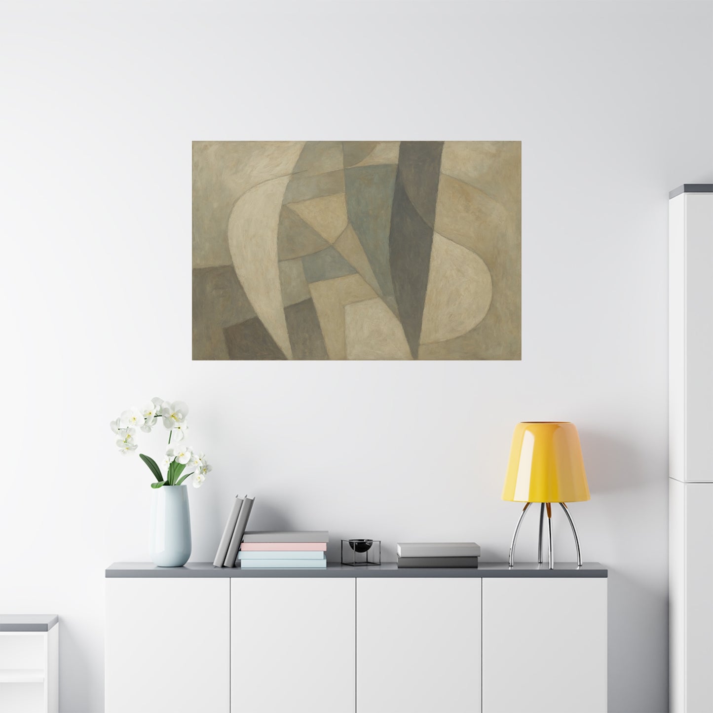 Abstract neutral geometric shapes on matte canvas by Printify, featuring modern design with beige, gray, and white tones.