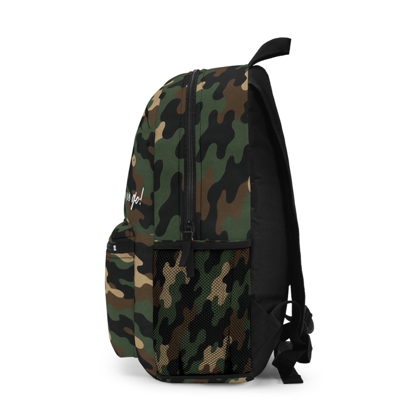Printify camo backpack with rugged design, ideal for school, hiking, and travel, featuring adjustable straps and multiple compartments.