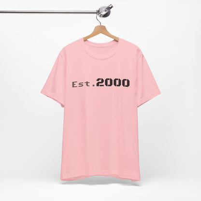 Retro pixel design T-shirt by Printify, born in 2000, with "Est. 2000" text on a casual printed T-shirt.