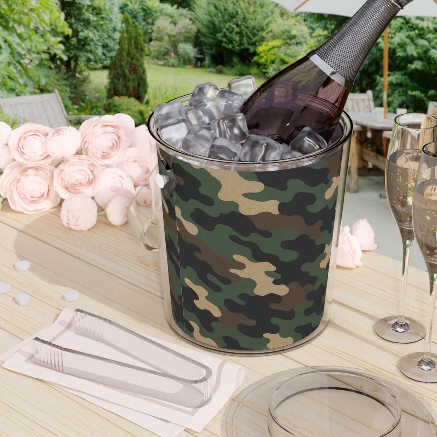 Camouflage Ice Bucket with Tongs, Party Essential, Outdoor Gatherings, BBQ Accessory, Gift for Wine Lovers, Home Bar Decor