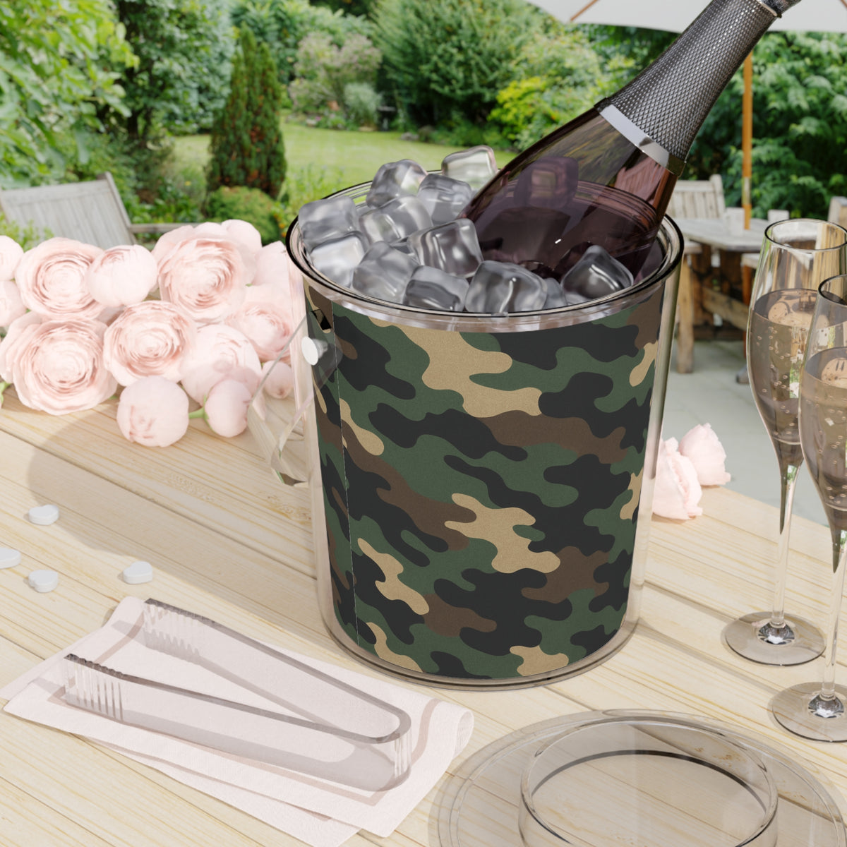 Camo print ice bucket with tongs, accessory for wine lovers, ideal for outdoor barbecues and entertaining.