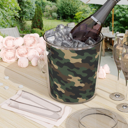 Camo print ice bucket with tongs, accessory for wine lovers, ideal for outdoor barbecues and entertaining.