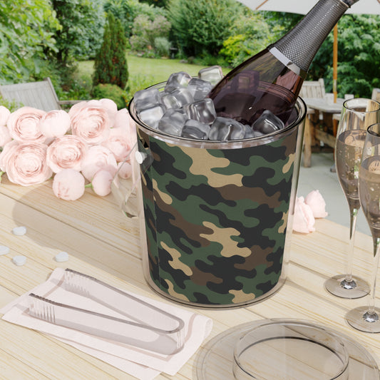 Camo print ice bucket with tongs, accessory for wine lovers, ideal for outdoor barbecues and entertaining.