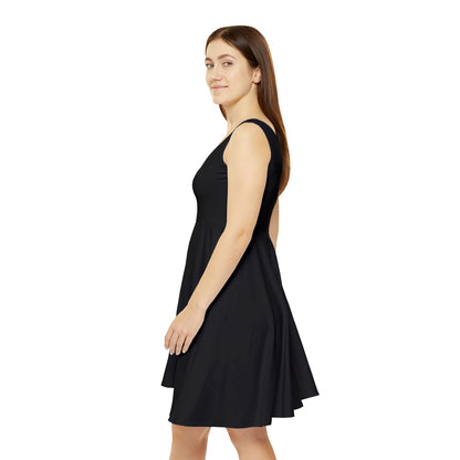 All-over print black women's skater dress with sleeveless A-line design by Printify, showcased on a model.