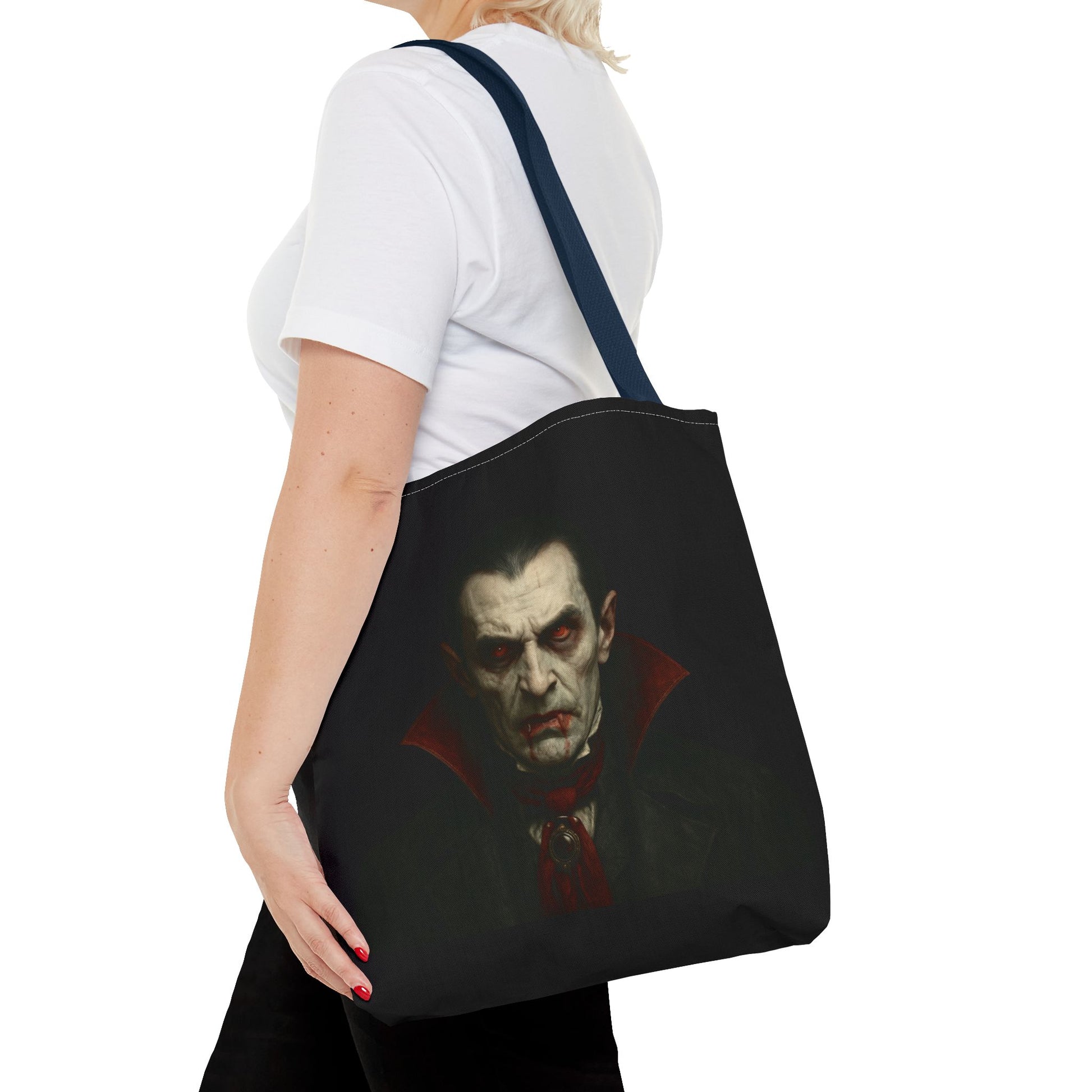 Black vampire tote bag with spooky gothic design, perfect for Halloween accessories, made by Printify.