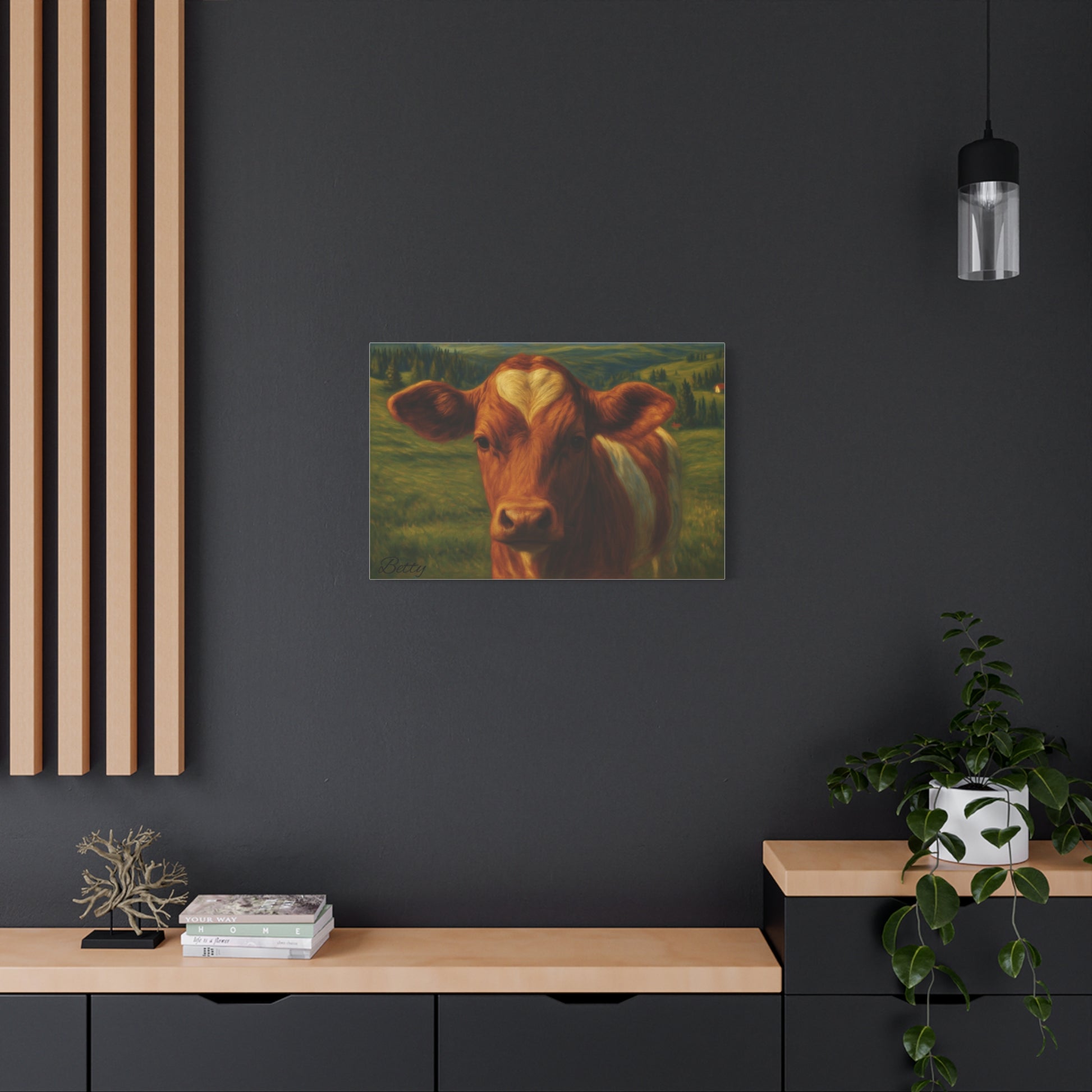 Canvas print of a cow portrait featuring a heart-shaped mark on its forehead, farm animal wall art by Printify
