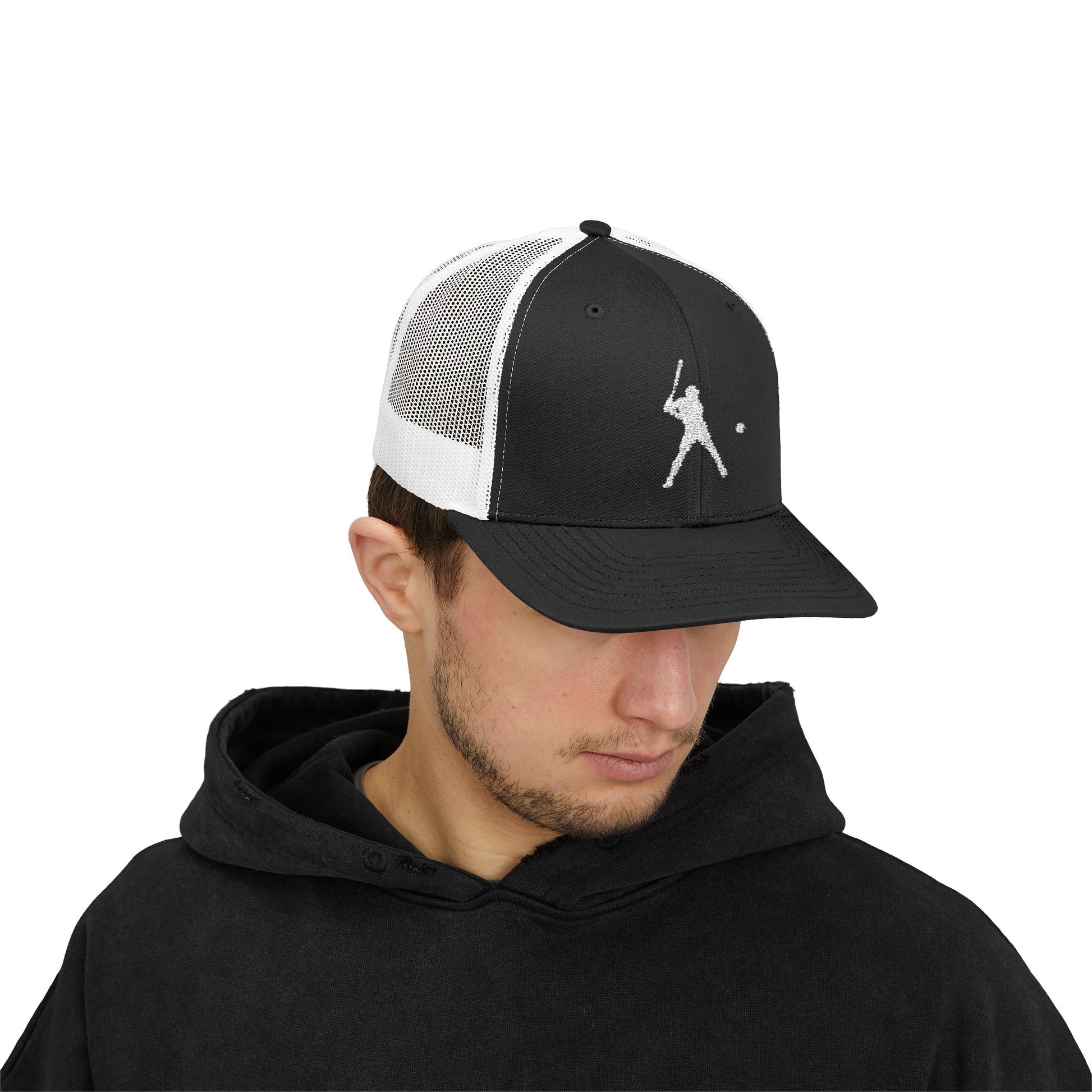 Vintage Batter silhouette baseball snapback trucker cap by Printify, featuring classic design and adjustable fit.