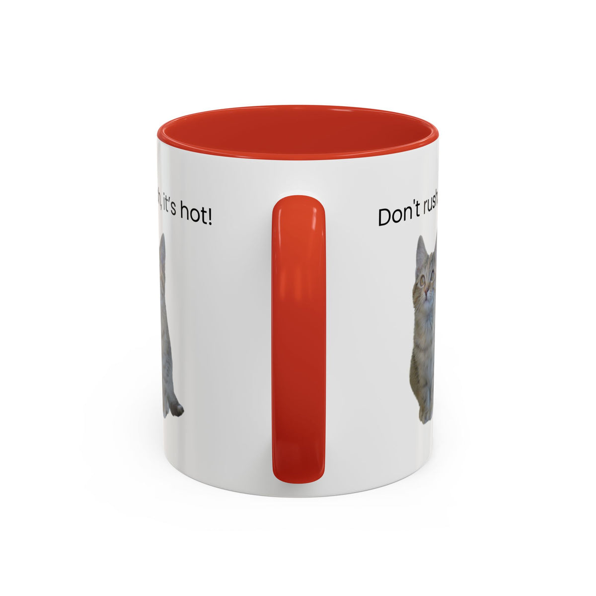 Ceramic cat coffee mug with "Don't rush, it's hot!" message in black text, 11 oz, white accent mug for hot beverages.