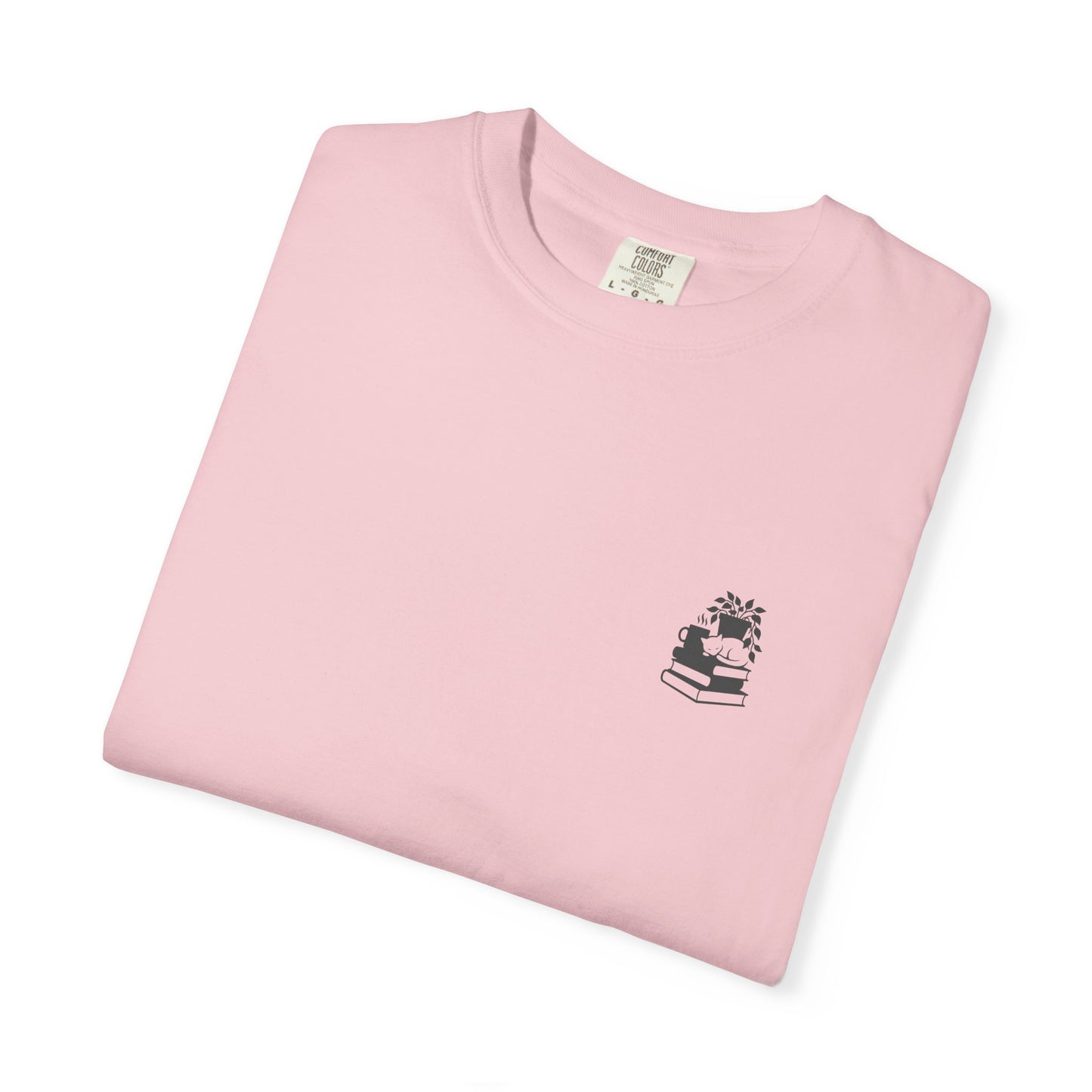 Cozy Cat on Books T-Shirt | Reading Tea Stack Illustration