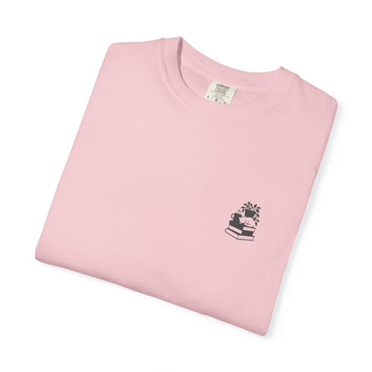 Cozy Cat on Books T-Shirt | Reading Tea Stack Illustration
