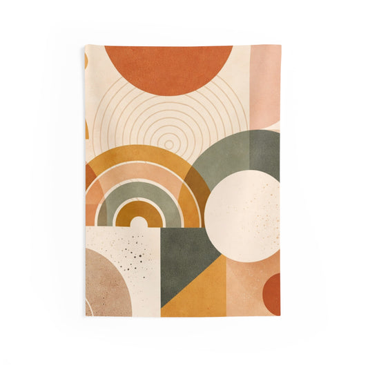 Abstract boho geometric wall tapestry with rainbow arches and midcentury design, featuring vibrant colors and modern artistic patterns.