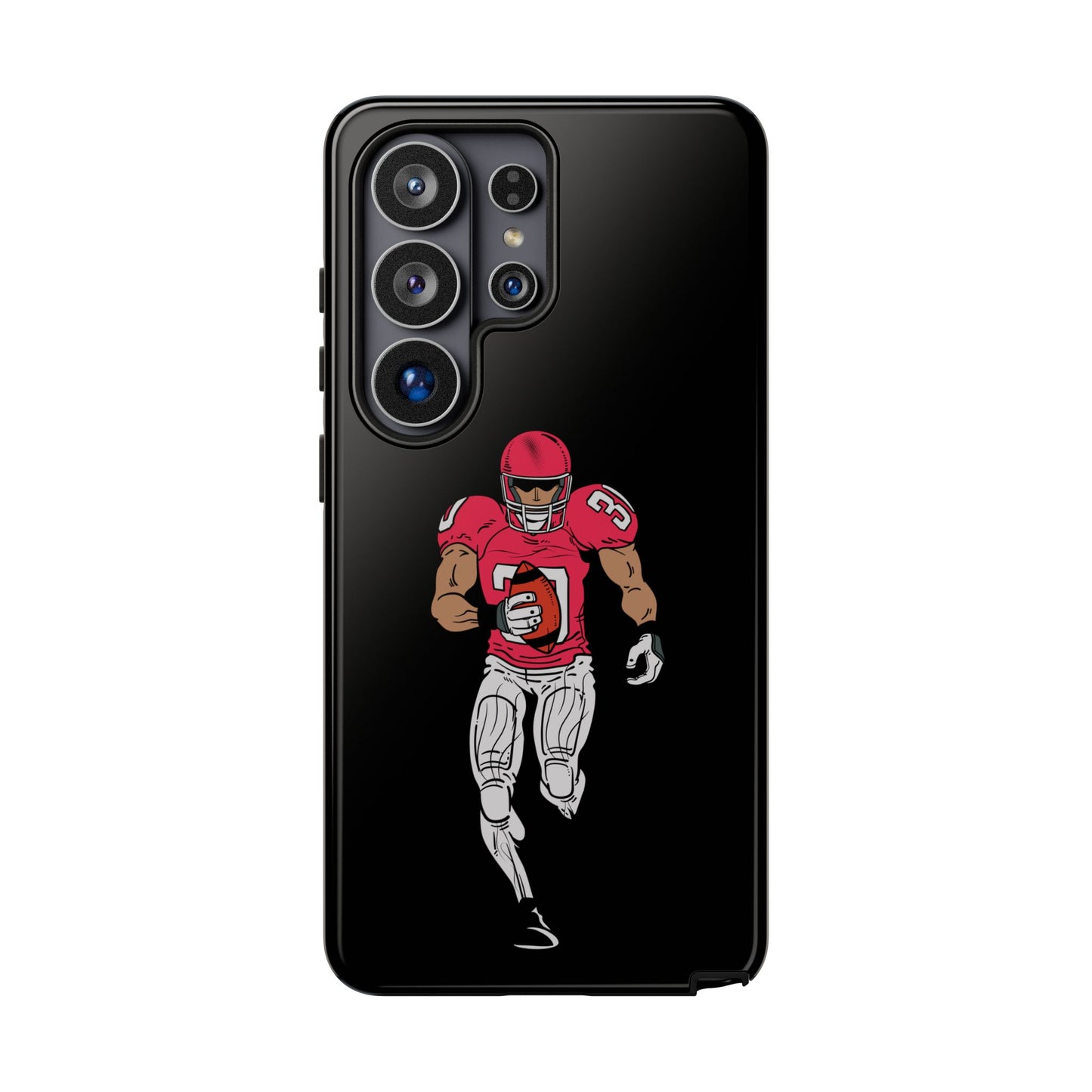 Black football player tough phone case for iPhone, protective sports-themed case by Printify with athletic design.