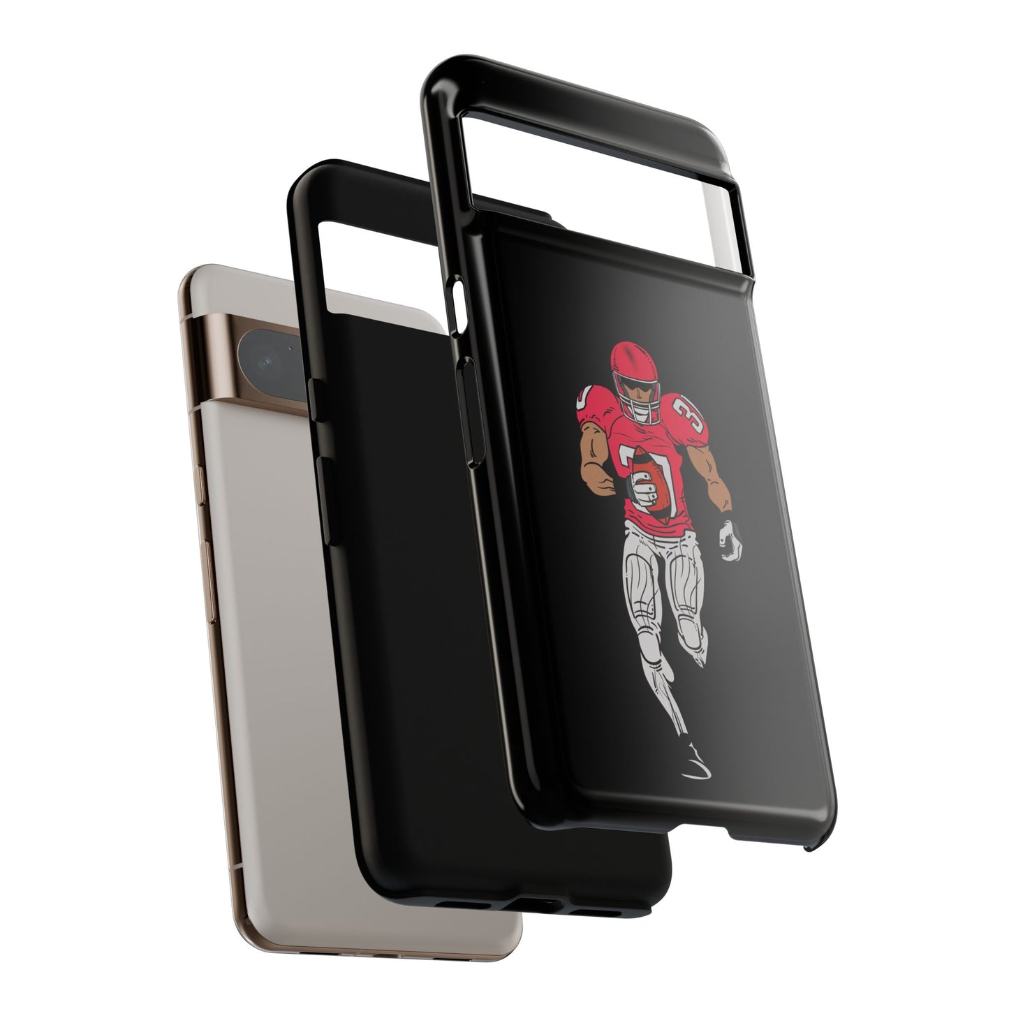 Black protective phone case featuring a football player design, compatible with iPhone, by Printify.