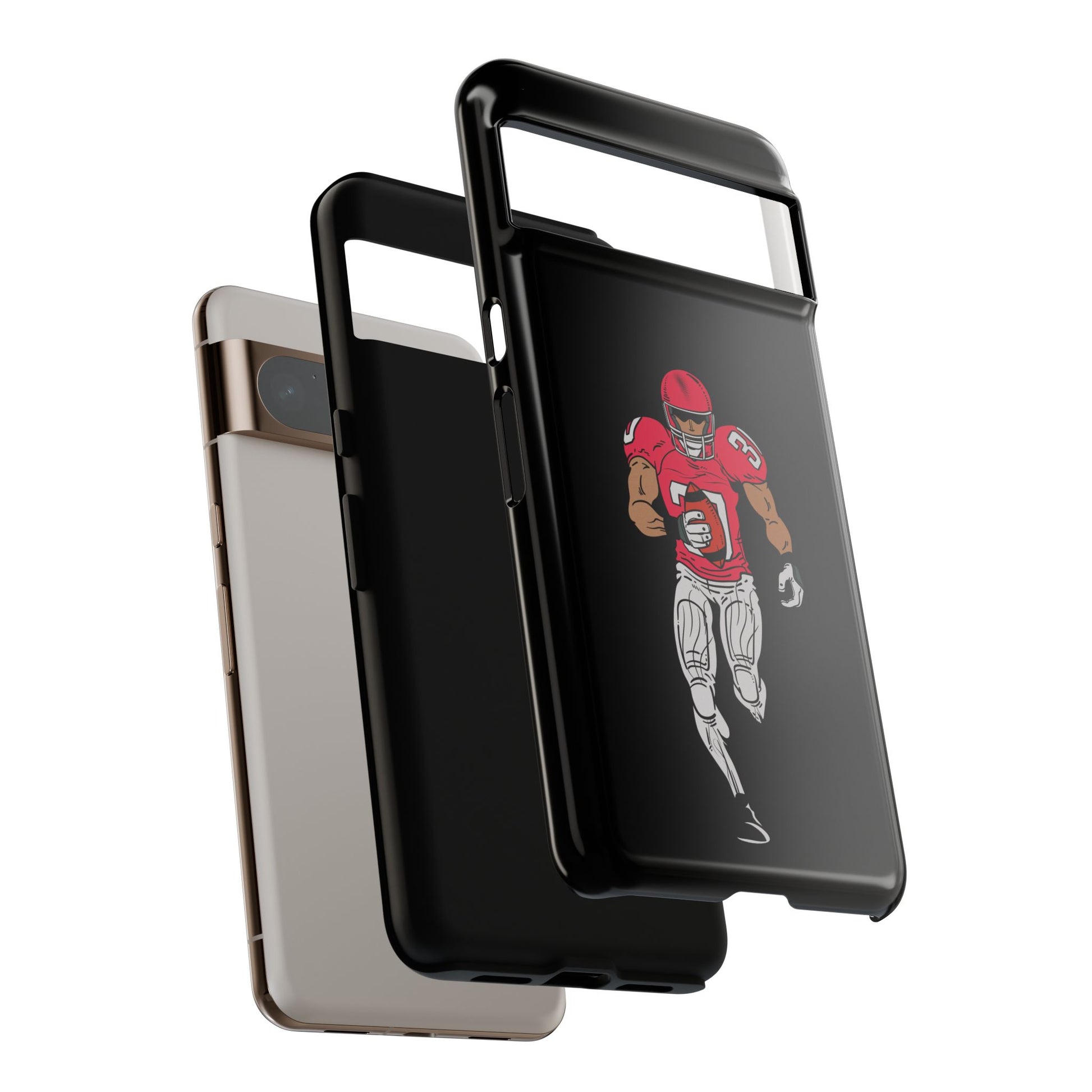 Black protective phone case featuring a football player design, compatible with iPhone, by Printify.