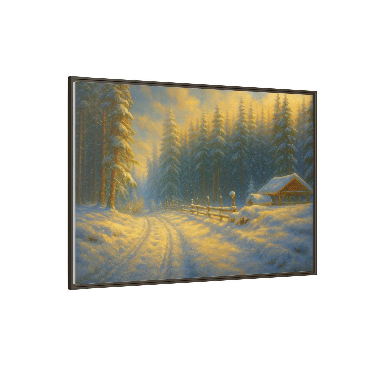 Framed winter cabin canvas print showcasing a snowy forest sunset, wall art by Printify with a cozy winter scene.