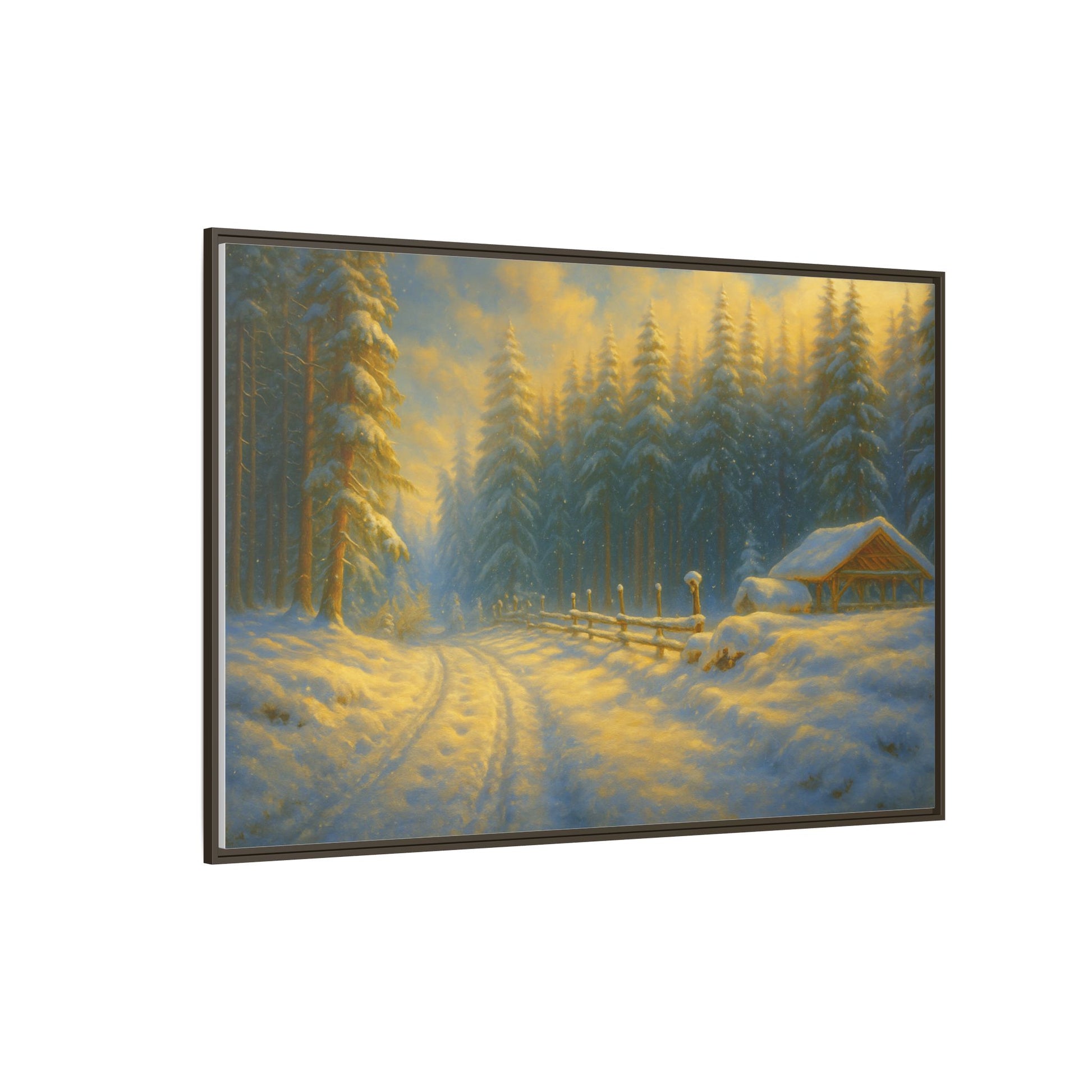 Framed winter cabin canvas print showcasing a snowy forest sunset, wall art by Printify with a cozy winter scene.
