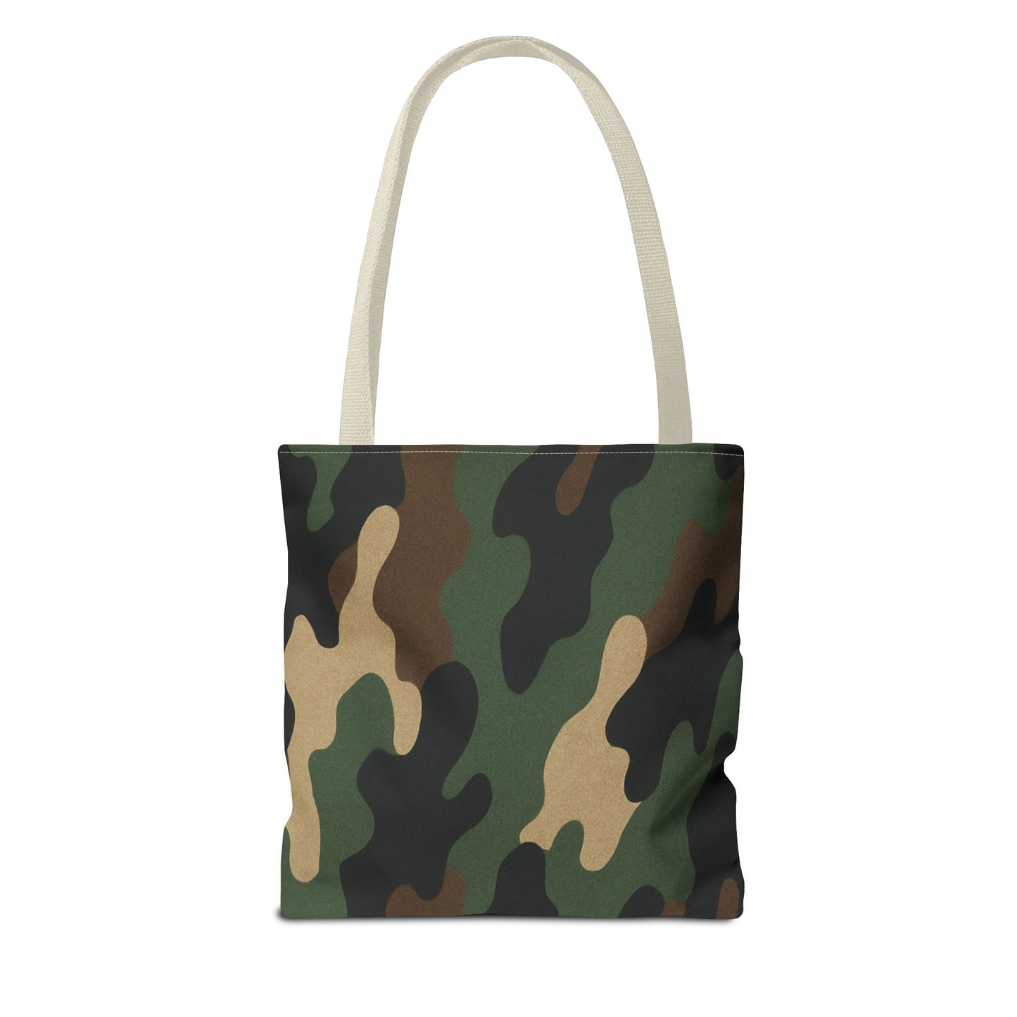 Camo pattern tote bag by Printify with all-over camouflage print on canvas, large carryall style for everyday use.