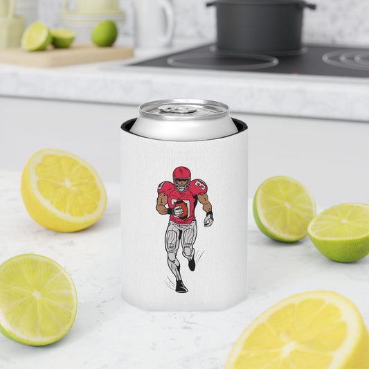 Football player can cooler by Printify, insulated beverage koozie featuring a football-themed design for game day tailgating.