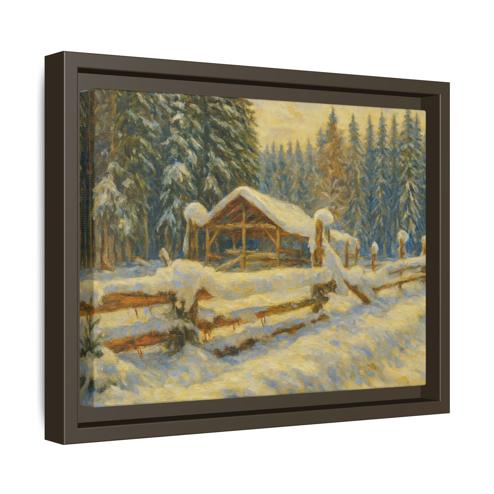Snowy cabin winter landscape canvas wall art by Printify featuring a cozy cabin scene in a snowy forest.