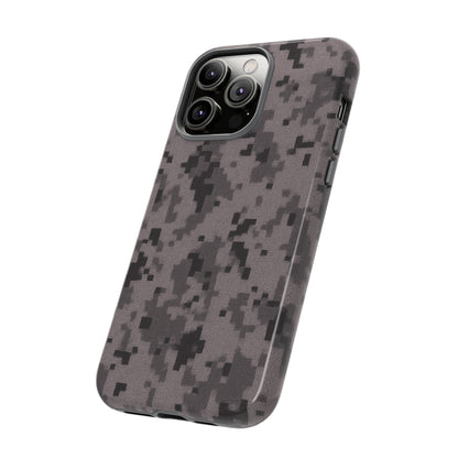 Gray digital camouflage phone case by Printify, tough protective cover for smartphones with a modern camo pattern.