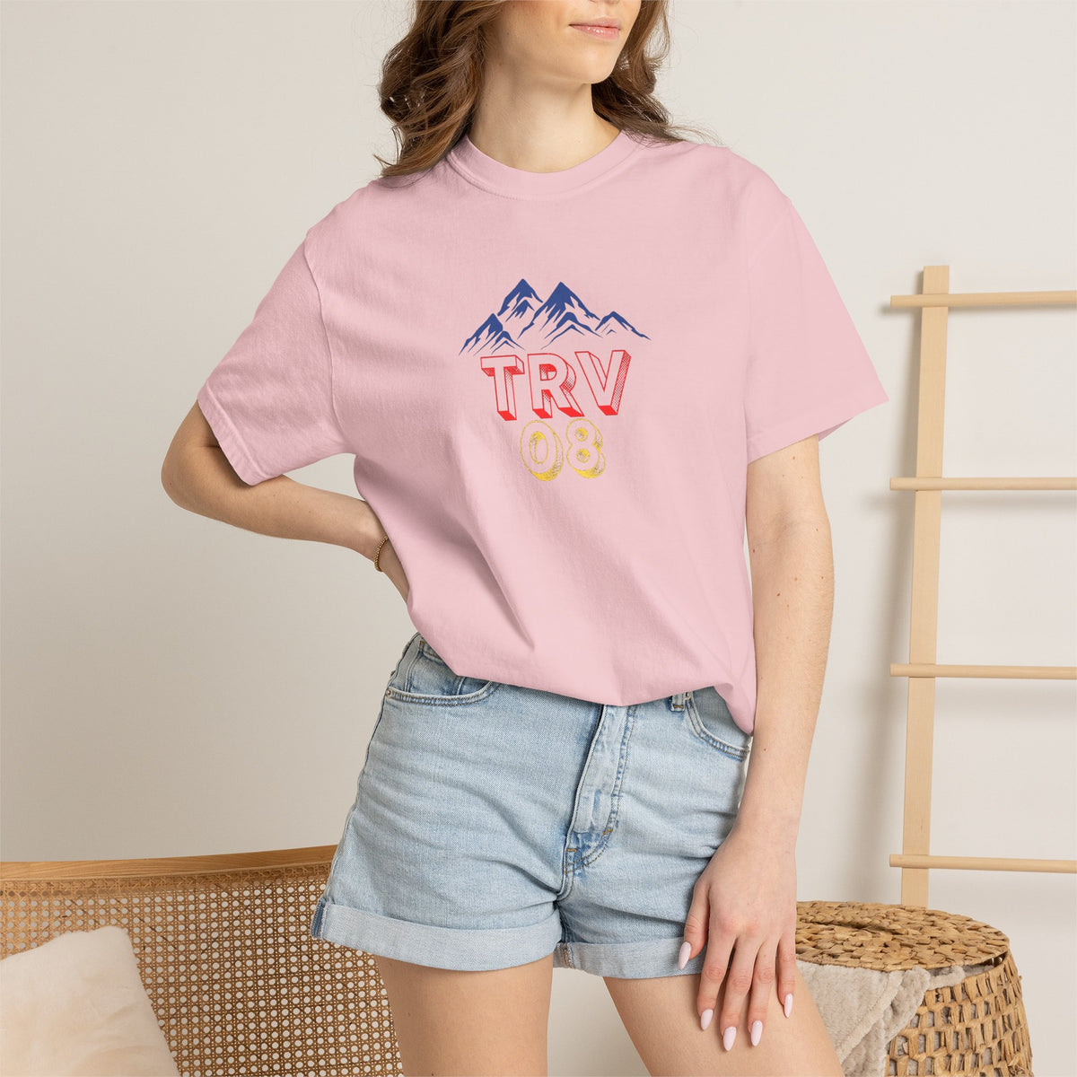 Unisex garment-dyed T-shirt with TRV08 Logo print by Printify, showcasing a casual, comfortable fit.
