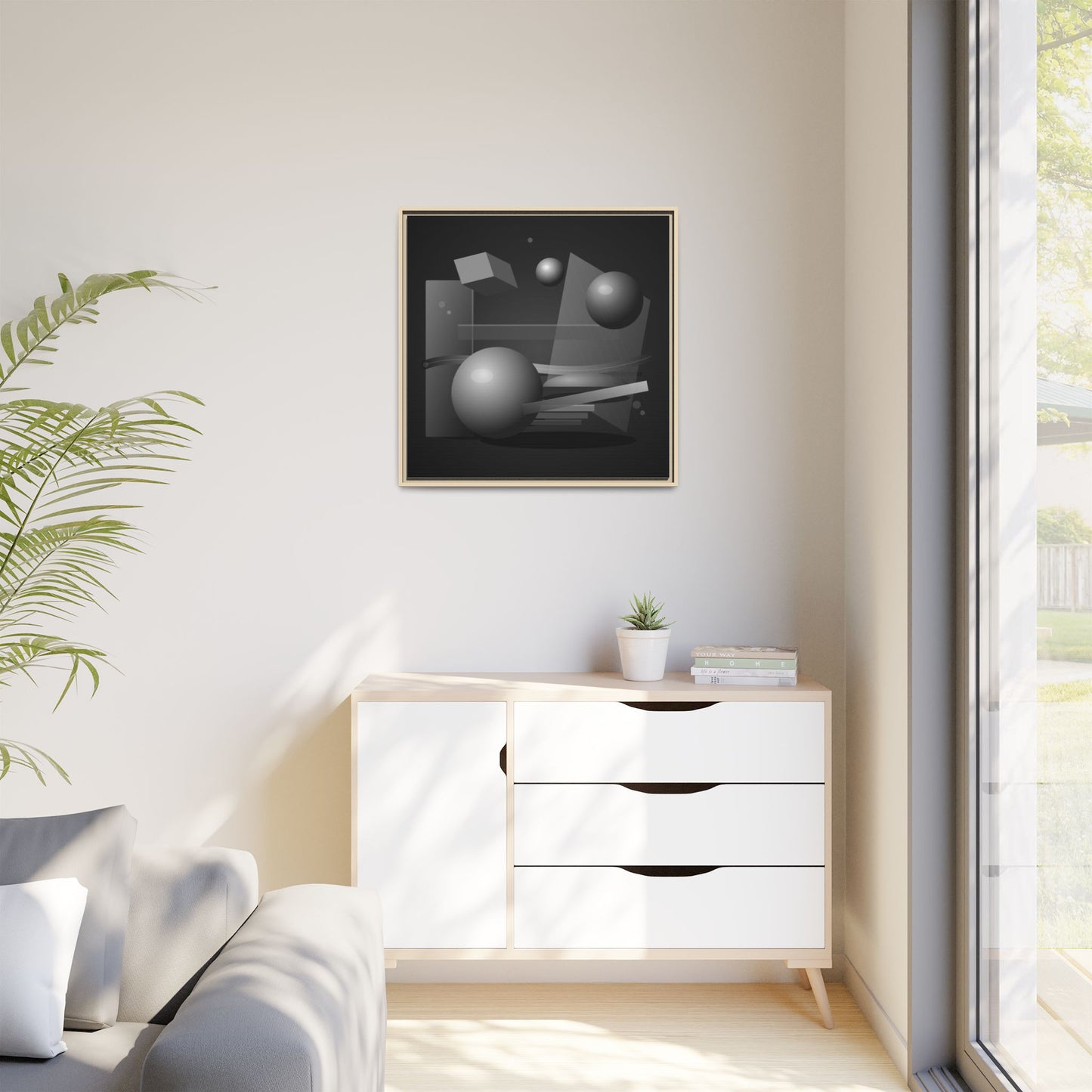 Monochrome Geometric Spheres Canvas Framed Wall Art | Matte Print