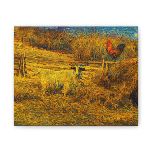 Rustic farmhouse canvas print featuring a goat and rooster, ideal as a farmhouse gift, printed by Printify.