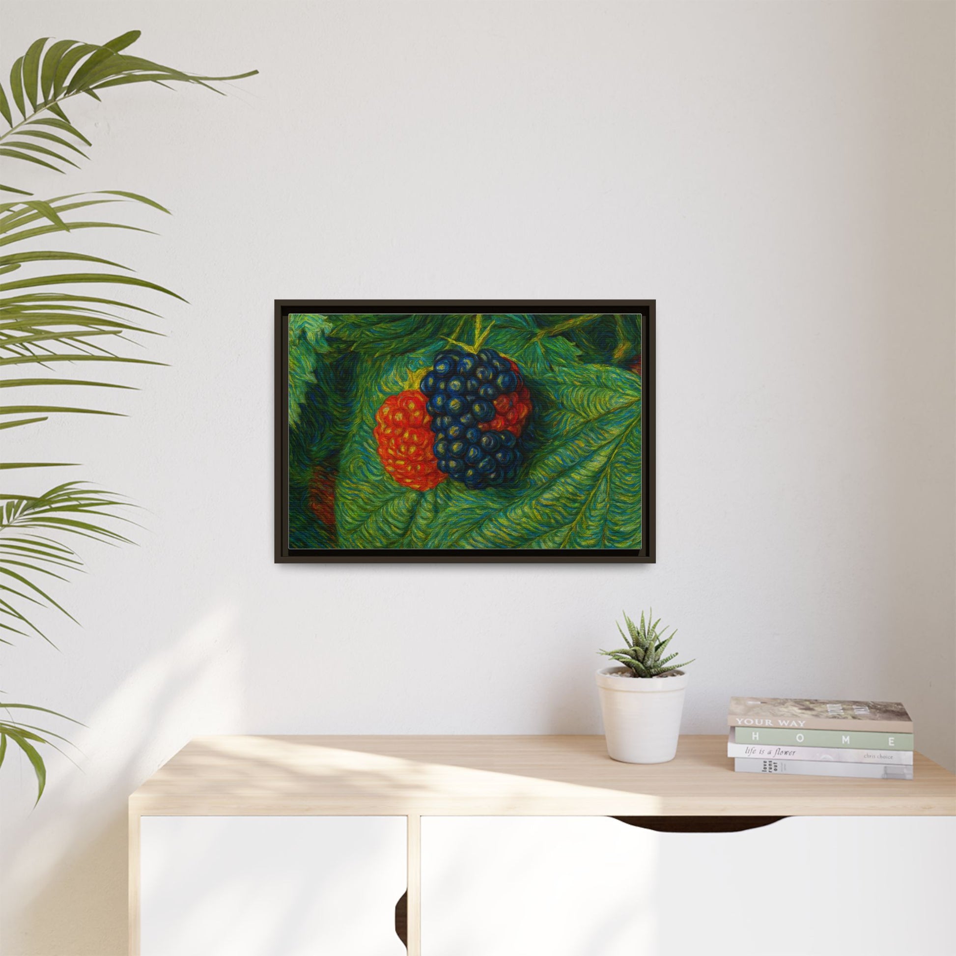Framed blackberry still life canvas print by Printify showcasing vibrant blackberries on a textured canvas background