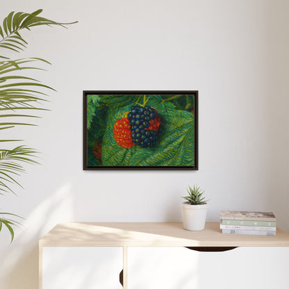 Framed blackberry still life canvas print by Printify showcasing vibrant blackberries on a textured canvas background