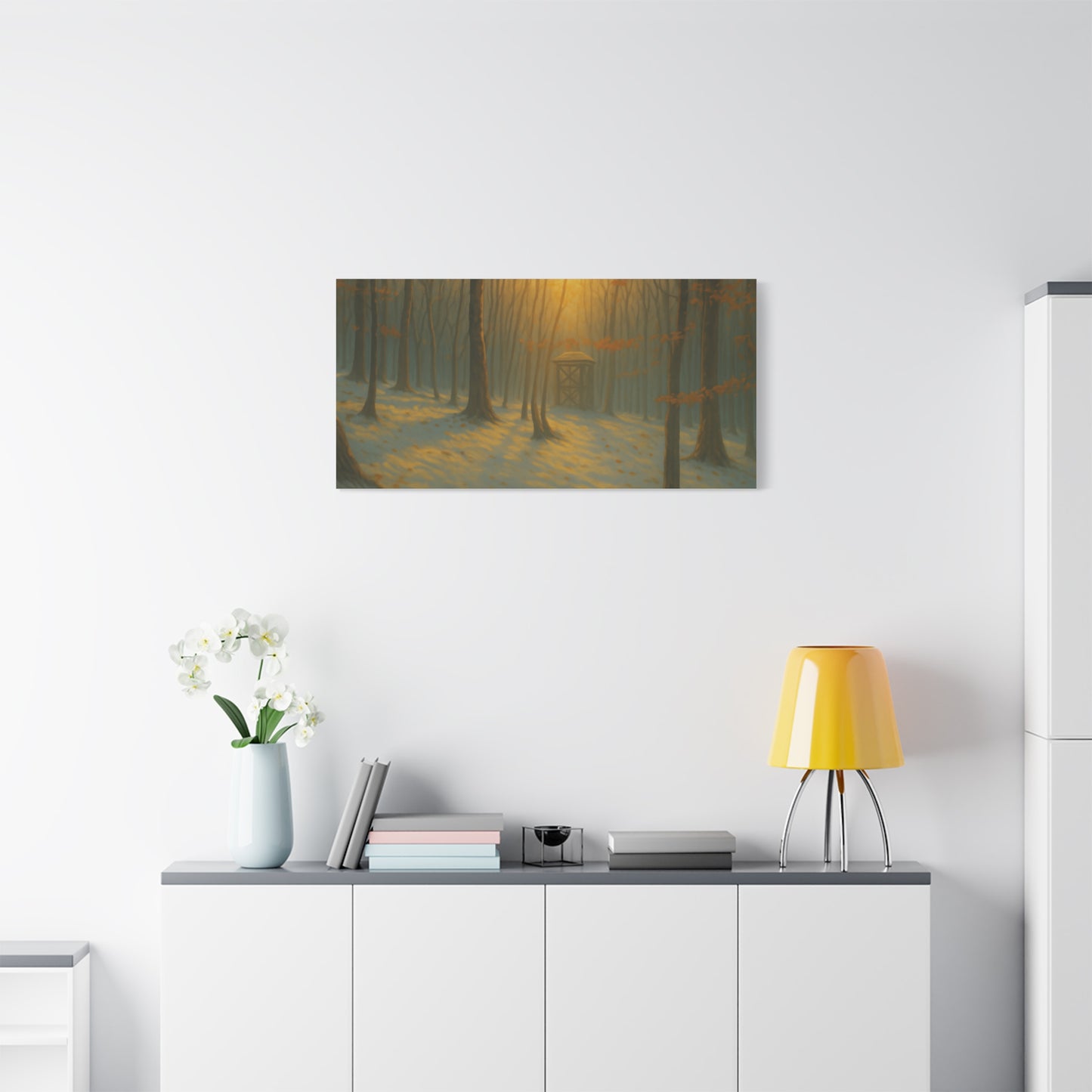 Matte stretched canvas featuring a Misty Forest Sunrise art print by Printify, showing a serene forest scene with soft colors.
