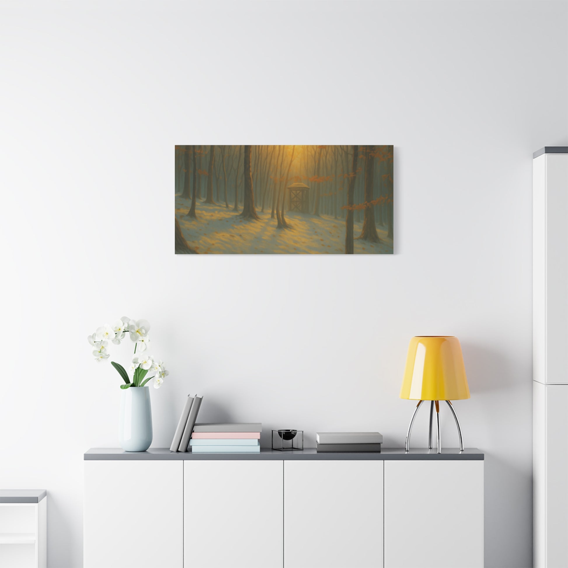 Matte stretched canvas featuring a Misty Forest Sunrise art print by Printify, showing a serene forest scene with soft colors.