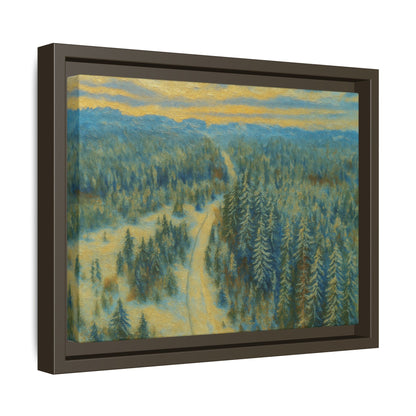 Framed matte canvas print of a serene winter forest landscape, featuring snow-covered trees and a peaceful natural scene.