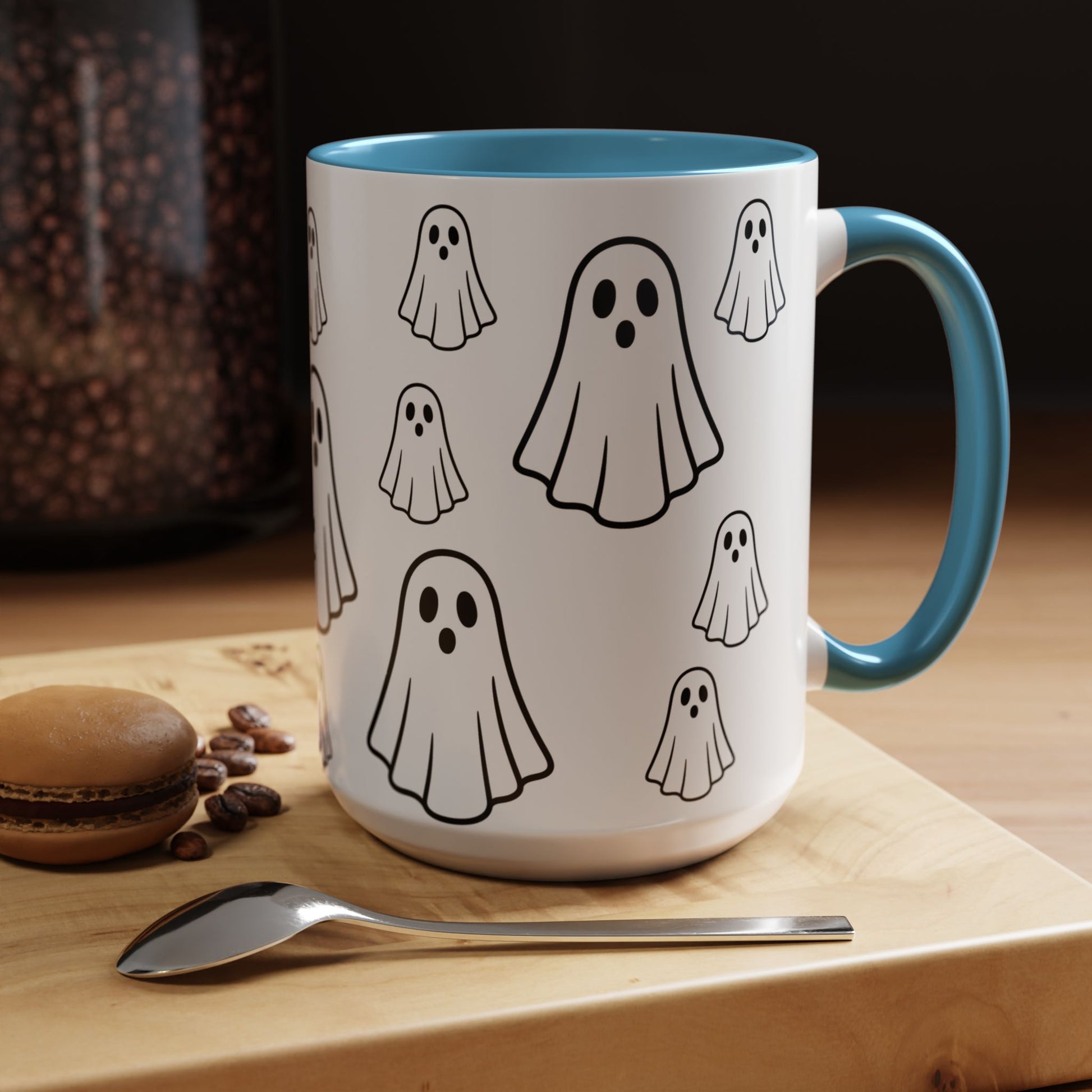 Printify ghost pattern ceramic coffee mug with cute Halloween design, available in 11oz and 15oz sizes.