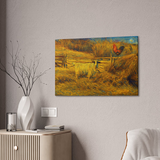 Rustic Farmhouse Canvas Print with Goat and Rooster, Country Decor, Animal Art, Gift for Farmers, Farmhouse Wall Art, Rustic Home Decor