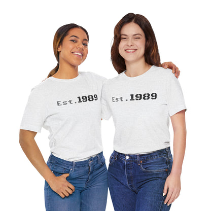 Vintage Est. 1989 graphic T-shirt by Printify featuring a retro design and classic style on soft cotton fabric.